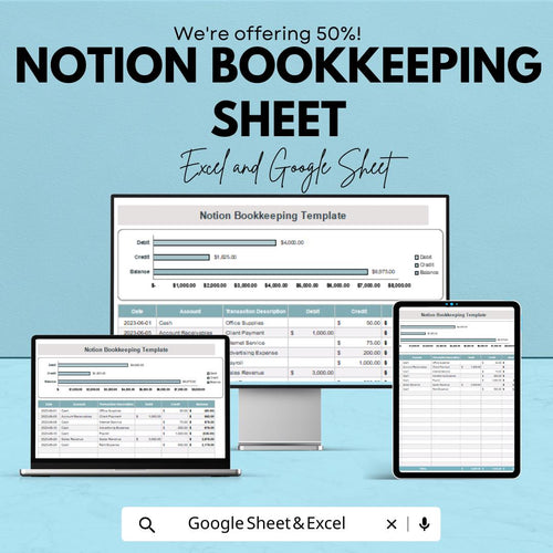 Notion Bookkeeping Sheet | Excel and Google Sheets Template | Business Finance Tracker | Debit Credit Ledger | Instant Download