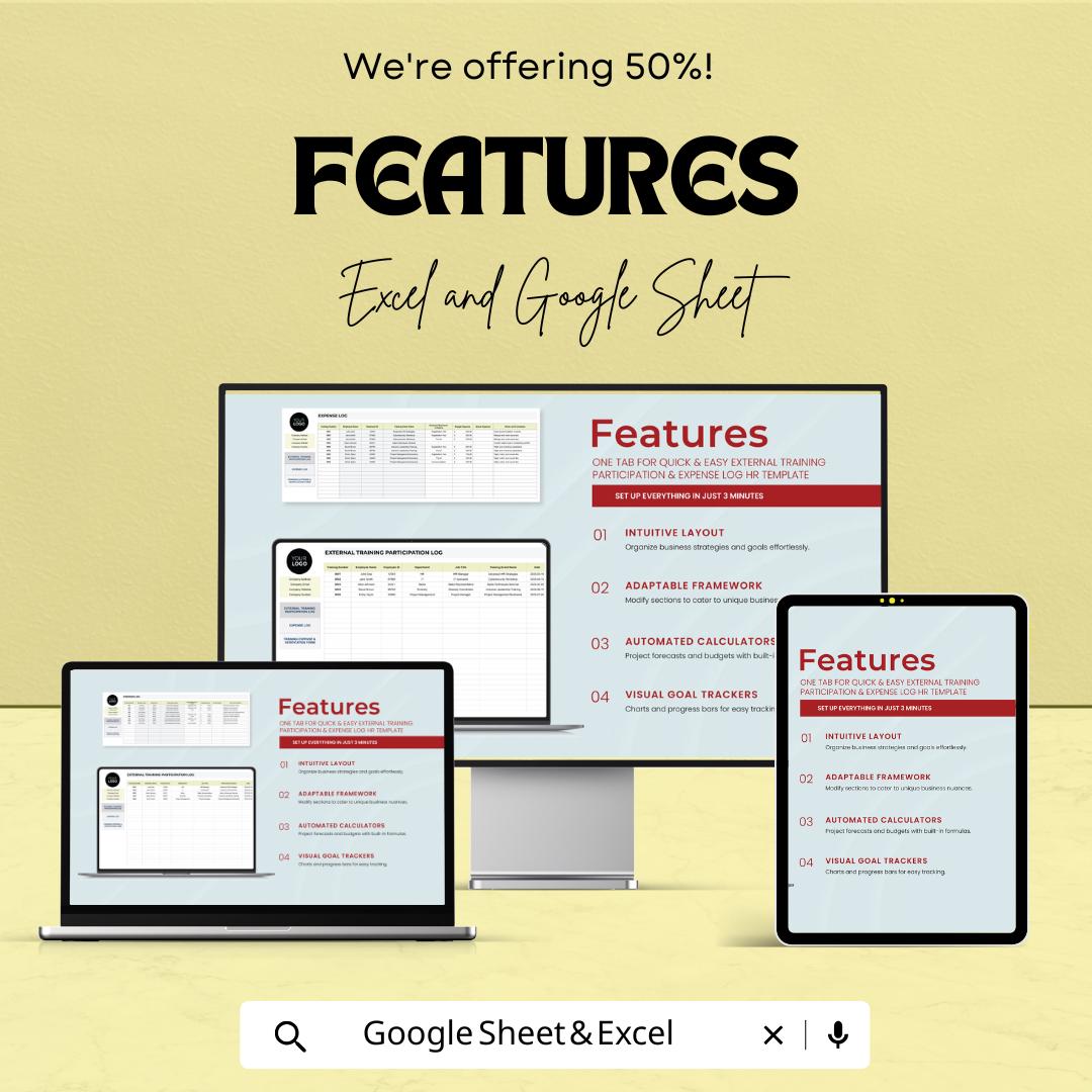 External Training Participation & Expense Log HR Template | Excel and Google Sheets | Employee Training Tracker | HR Expense Log Spreadsheet