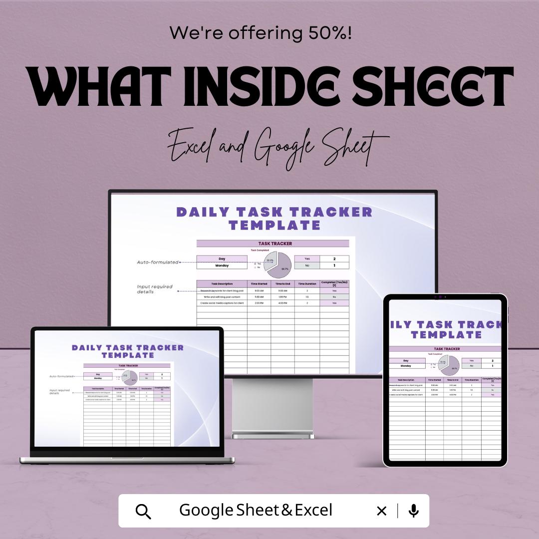 Daily Task Tracker Sheet - Task Management Template | Excel and Google Sheet | Get Organized & Stay Productive | Printable Checklist