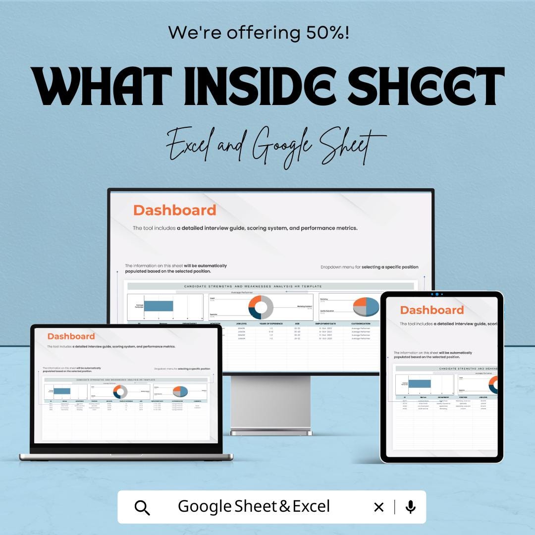 Candidate Strengths and Weaknesses Analysis HR Template | Excel & Google Sheets Hiring Dashboard | Interview Evaluation Tool