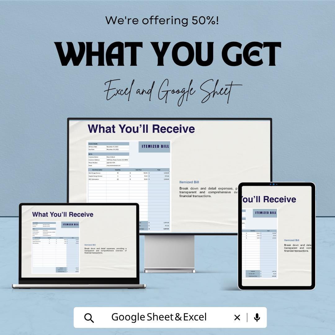 Itemized Bill Template Excel Google Sheets | Invoice Template Spreadsheet | Billing Tracker | Business Invoice Template | Digital Bill