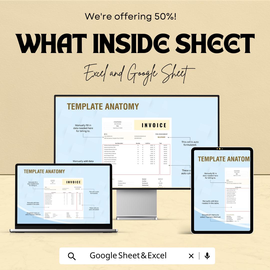Printable Downloadable Invoice Sheet Template for Excel and Google Sheets | Customizable & Editable Invoice Format