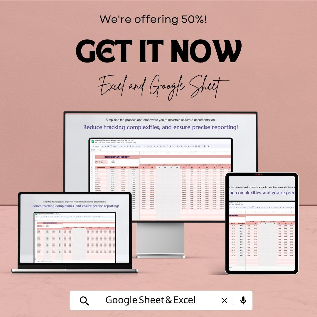 Multiple Employee Timesheet Template | Employee Time Tracker | Weekly Timesheet Template | Payroll Tracker