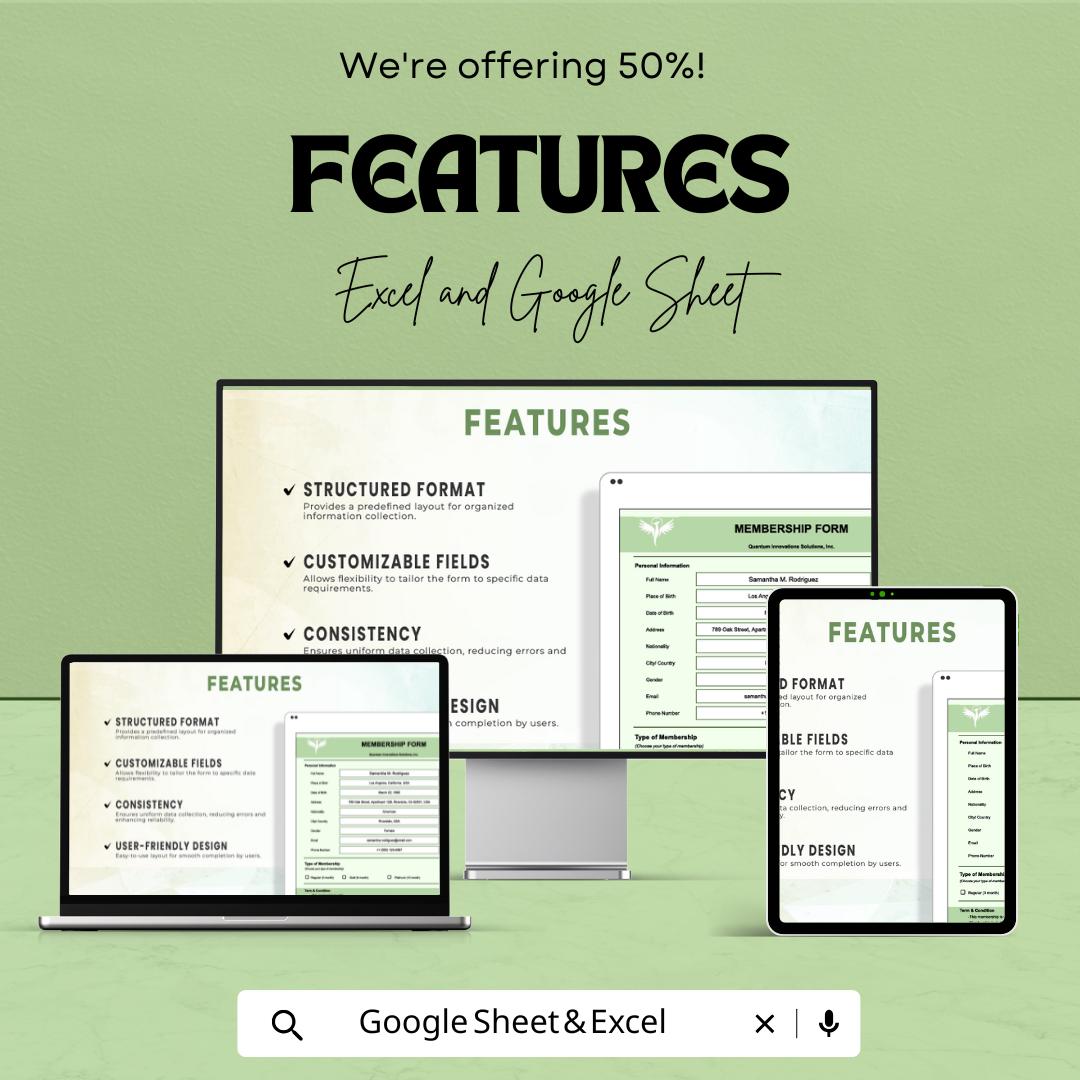 Form Template | Membership Form | Data Entry Form | Customizable Spreadsheet Template | Editable Information Form
