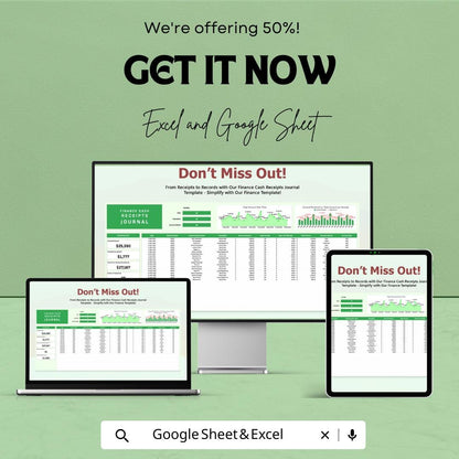 Finance Cash Receipts Journal Template, Excel & Google Sheets, Cash Receipt Tracker, Accounting Journal Spreadsheet, Business Income Log