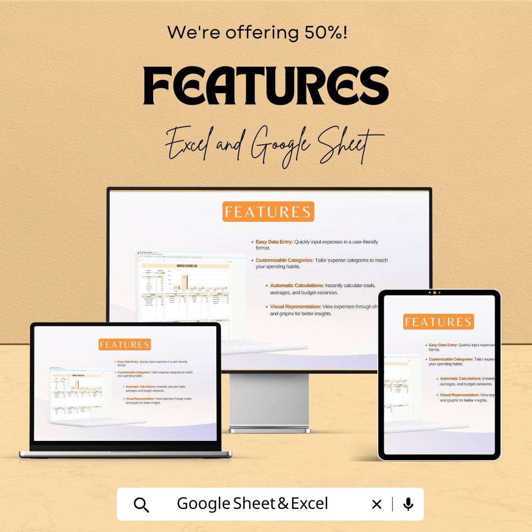 Monthly Expense Log Sheet - Excel & Google Sheets Budget Tracker for Personal Finance, Monthly Budget Tracker, Expense Management