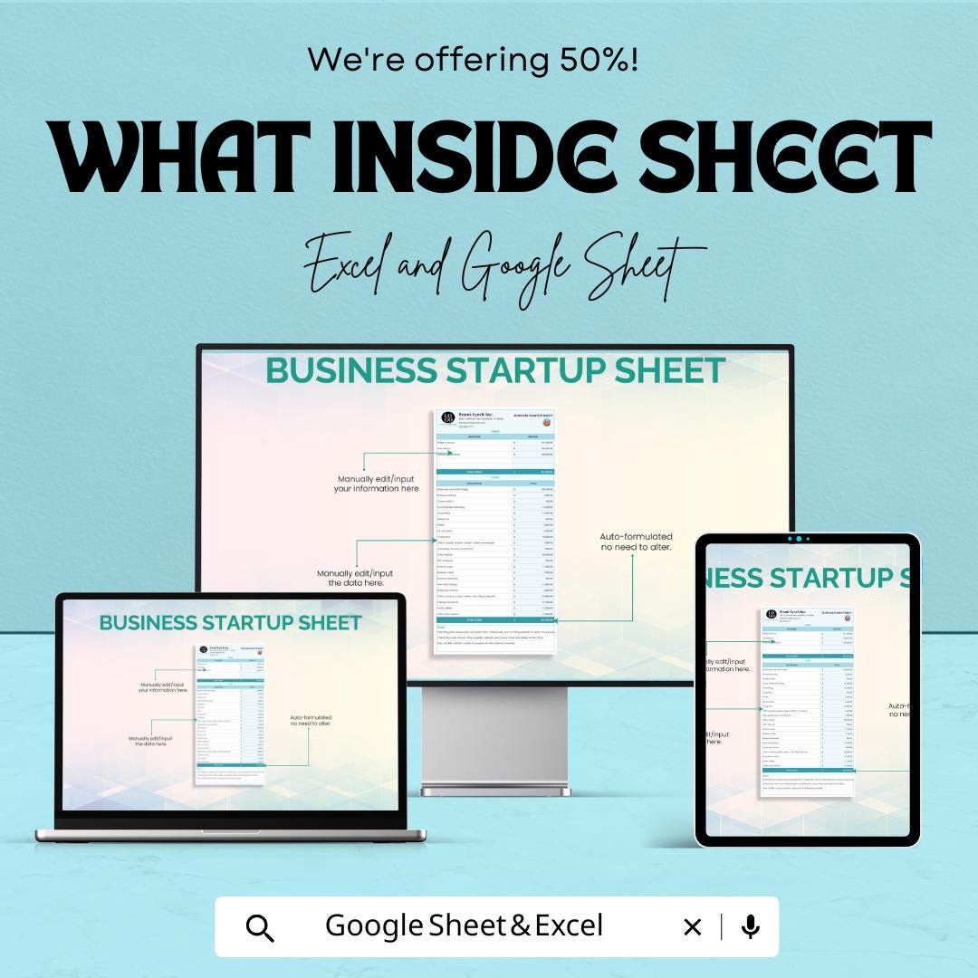 Business Startup Sheet - Excel & Google Sheets Template for Business Planning, Financial Forecasting, and Investor Tracking