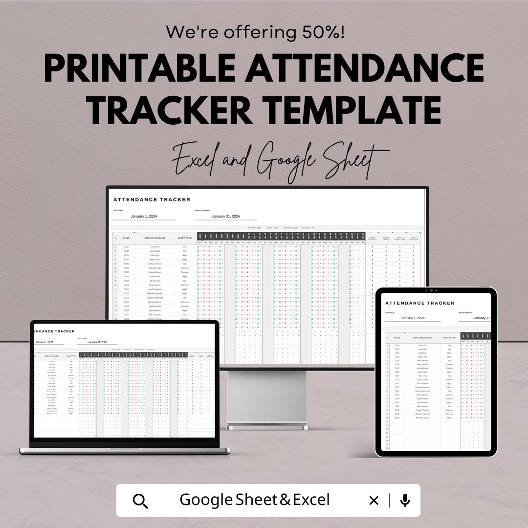 Printable Attendance Tracker Template | Employee Attendance Sheet | Monthly Staff Attendance Log | Excel & Google Sheets Tracker