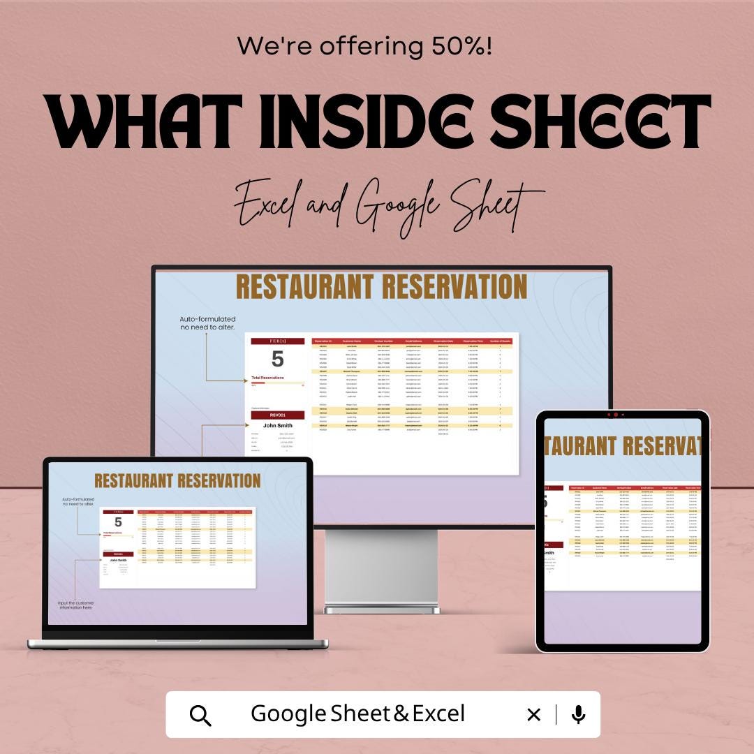 Restaurant Reservation Template | Booking Tracker Spreadsheet | Table Reservation Log | Restaurant Booking Management Sheet