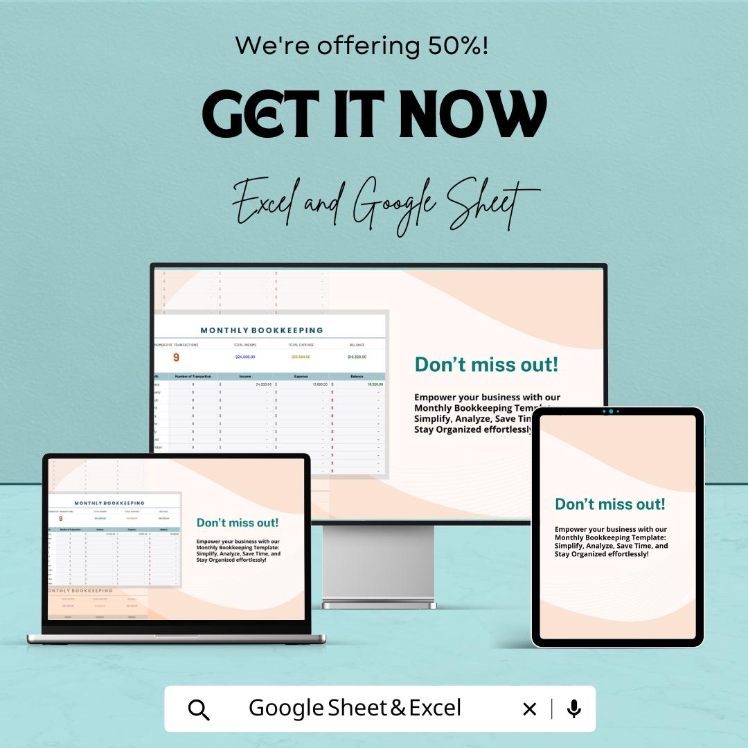 Monthly Bookkeeping Template | Small Business Accounting Spreadsheet  | Income Expense Tracker | Bookkeeping Log | Financial Record Template