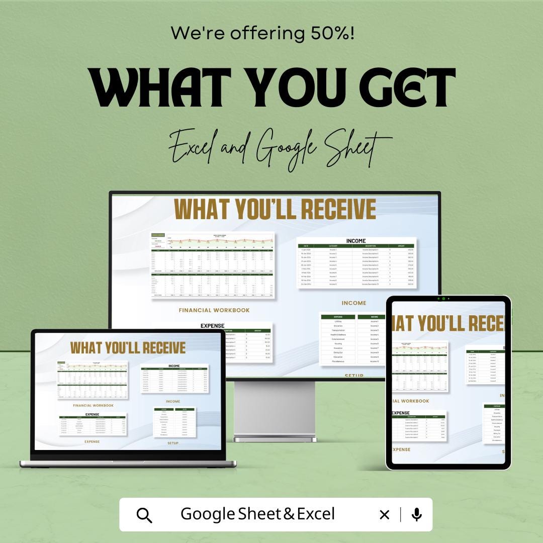 Financial Workbook Template | Excel and Google Sheets | Budget Planner, Income & Expense Tracker, Business Finance Organizer