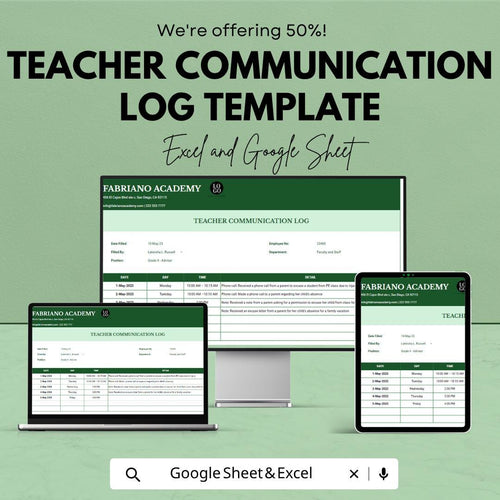 Teacher Communication Log Template | Parent Contact Tracker Spreadsheet | Teacher Communication Record | Excel & Google Sheets Template |