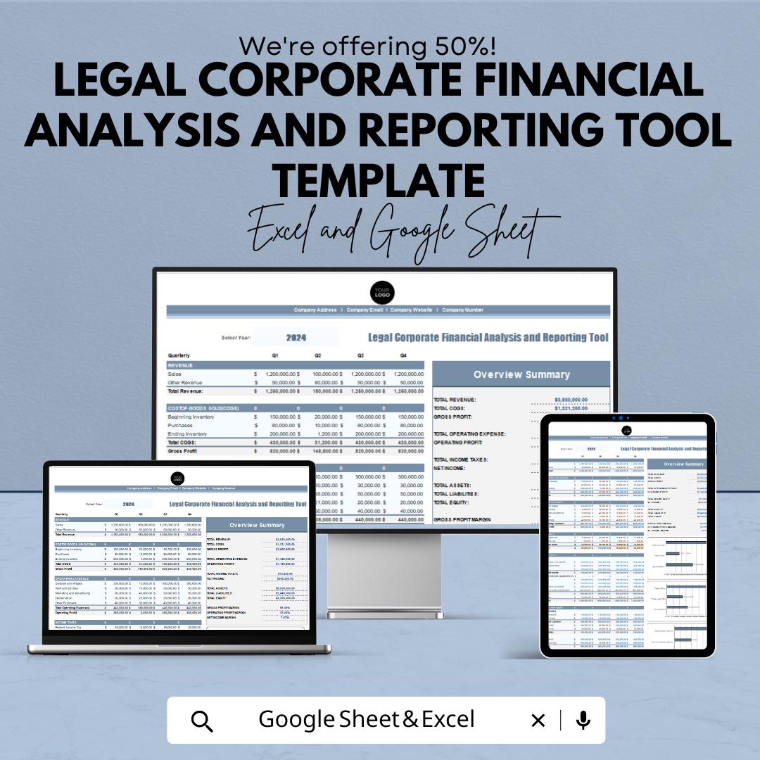 Legal Corporate Financial Analysis and Reporting Tool Template | Business Finance Dashboard | Accounting Report sheet | KPI Tracker