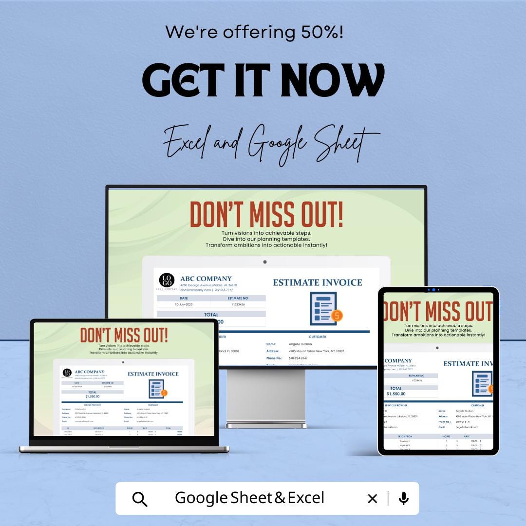 Estimate Invoice Sheet | Excel and Google Sheets | Customizable Invoice Template | Professional Estimate & Billing | Instant Download