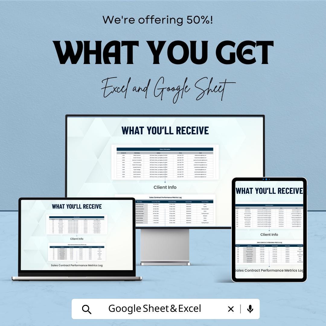 Sales Contract Performance Metrics Dashboard | Excel and Google Sheet Template for Tracking Contracts & Client Metrics | Real-Time Updates