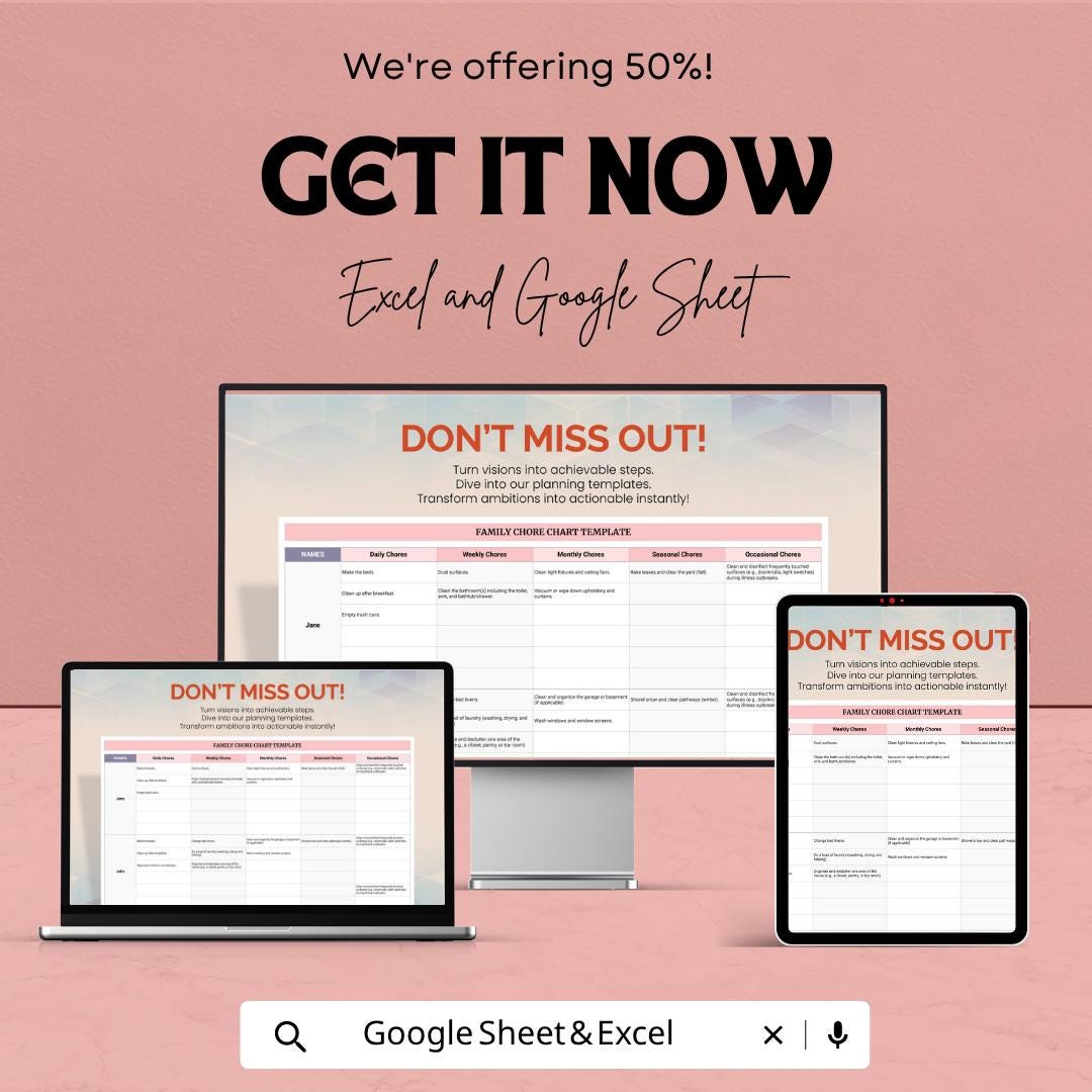 Family Chore Chart Template Excel Google Sheets | Household Task Planner | Kids Chore Schedule | Cleaning Checklist | Family Organizer
