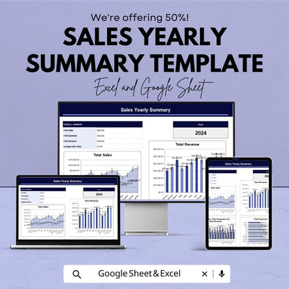 Sales Yearly Summary Template | Annual Sales Report | Yearly Sales Tracker | Revenue Summary Spreadsheet | Excel & Google Sheets