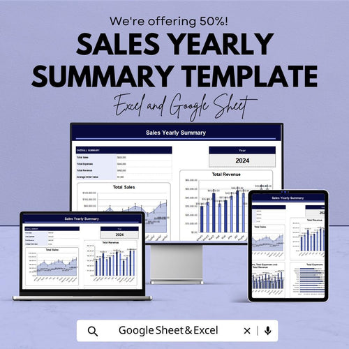Sales Yearly Summary Template | Annual Sales Report | Yearly Sales Tracker | Revenue Summary Spreadsheet | Excel & Google Sheets