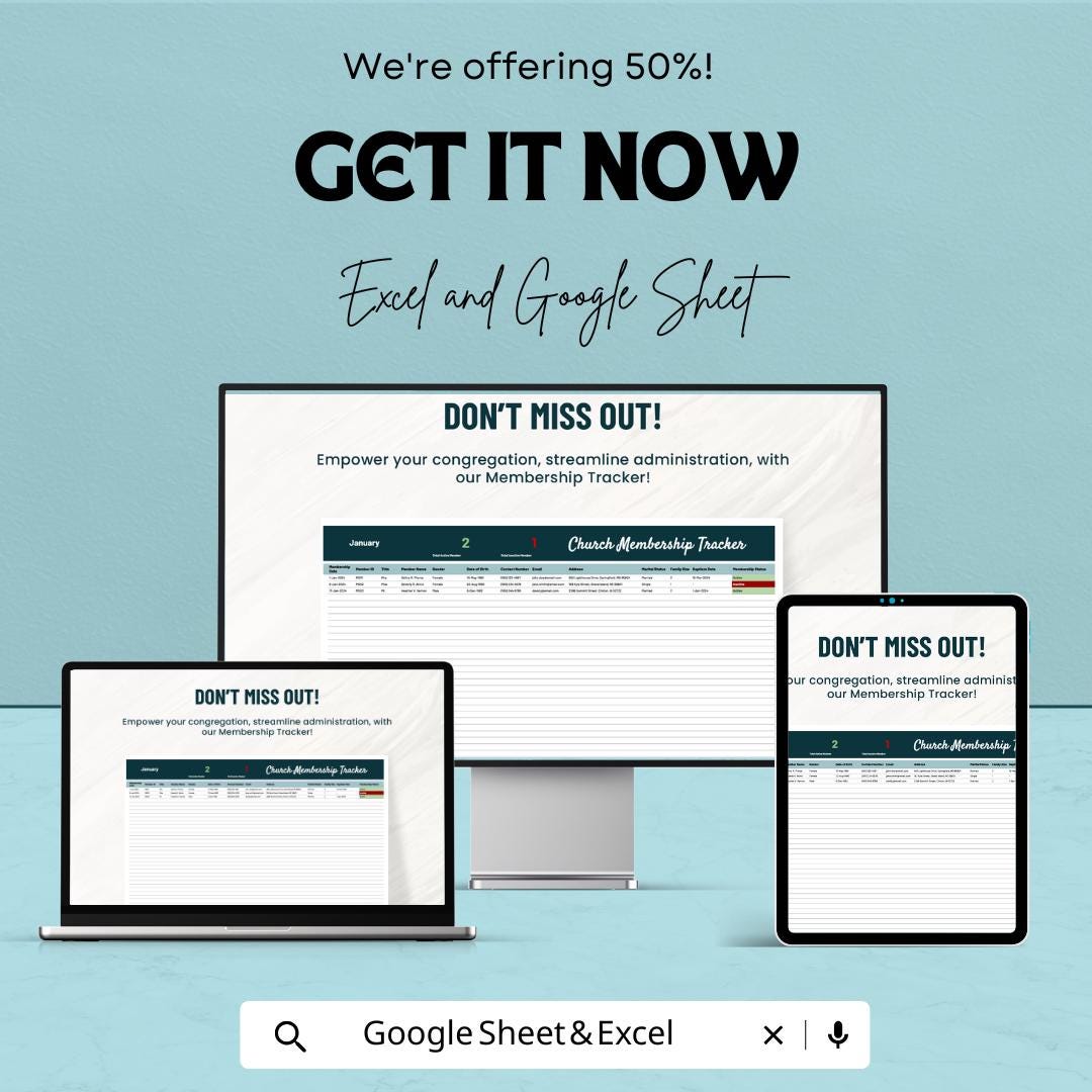Church Membership Tracker Template, Google Sheets & Excel, Member Directory, Attendance Log, Ministry Admin Spreadsheet