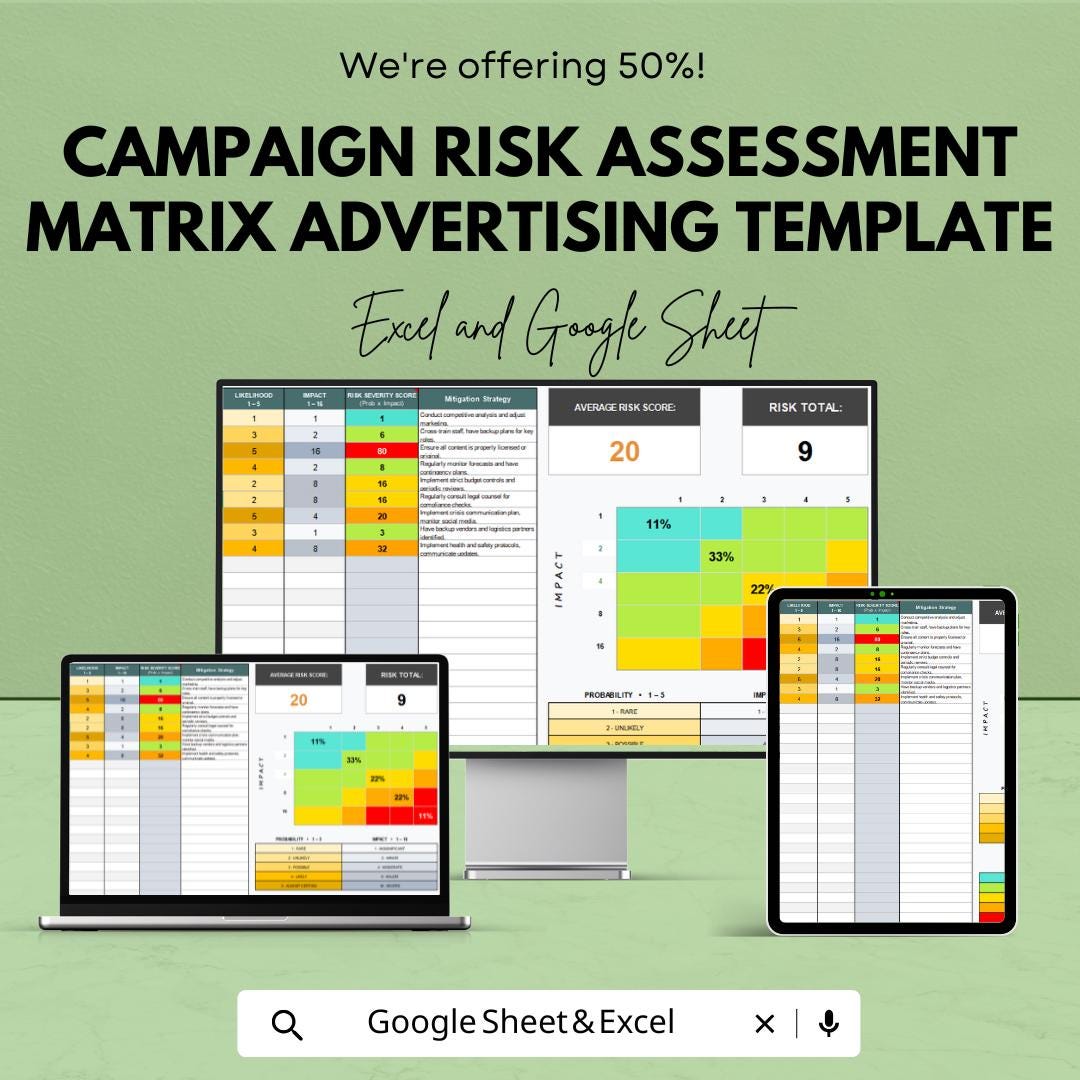 Campaign Risk Assessment Matrix Advertising Template | Excel & Google Sheets | Marketing Risk Analysis Tool | Risk Score Matrix Worksheet |