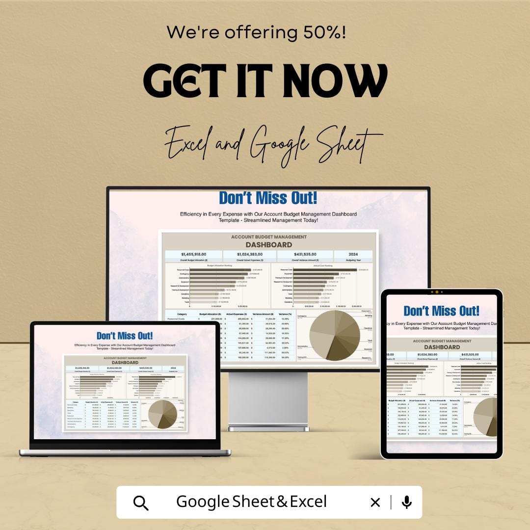 Account Budget Management Dashboard Template - Track Expenses & Income | Budget Planner and Financial Management Sheet | Customizable
