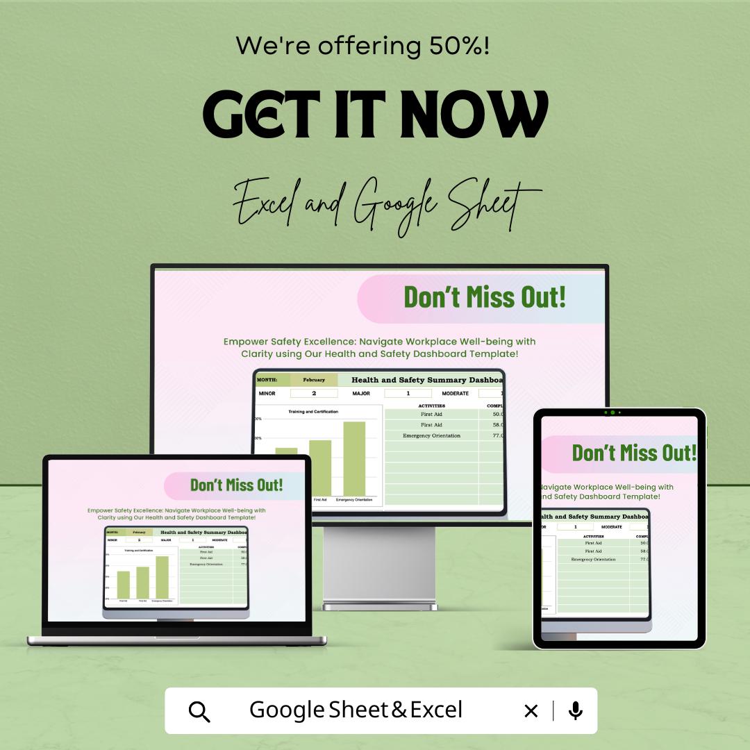Health and Safety Dashboard Template | Workplace Safety Tracker | Incident & Compliance Dashboard Excel and Google Sheets