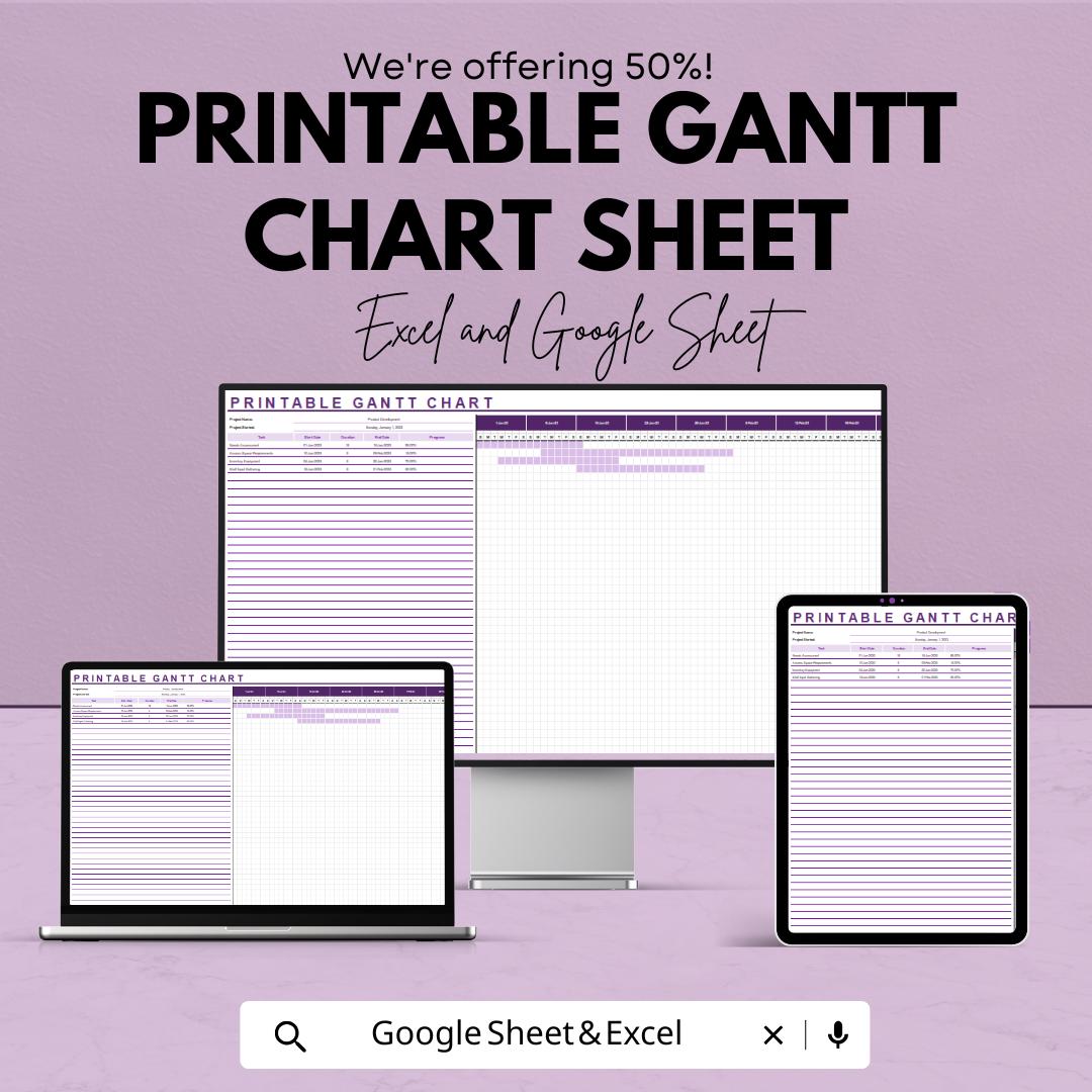 Printable Gantt Chart Sheet - Excel and Google Sheets Project Planner Template - Task Management, Scheduling & Project Tracking Tool