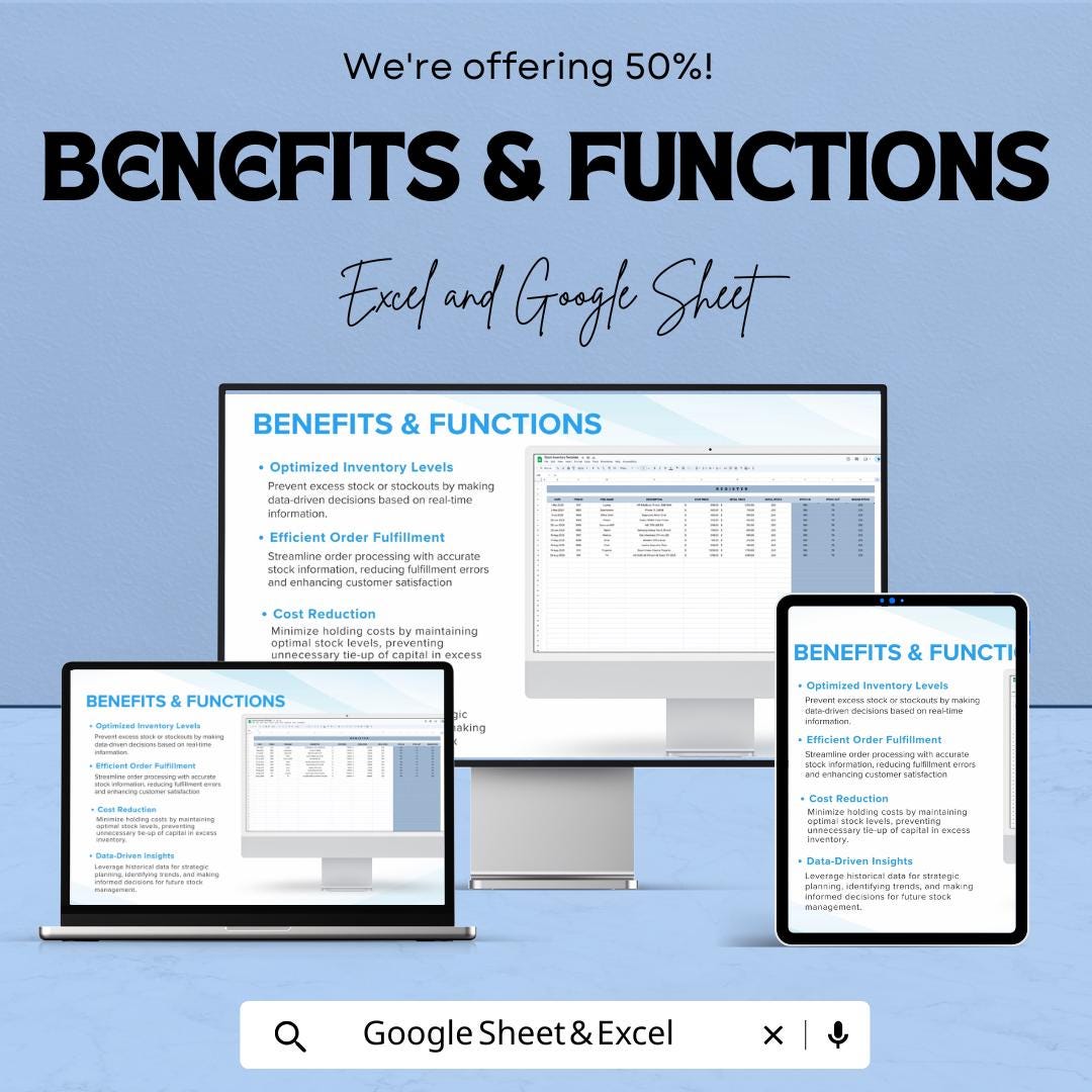 Stock Inventory Sheet for Small Business – Google Sheet – Track Purchases, Sales, Profit, and Stock Levels – Inventory Management Template