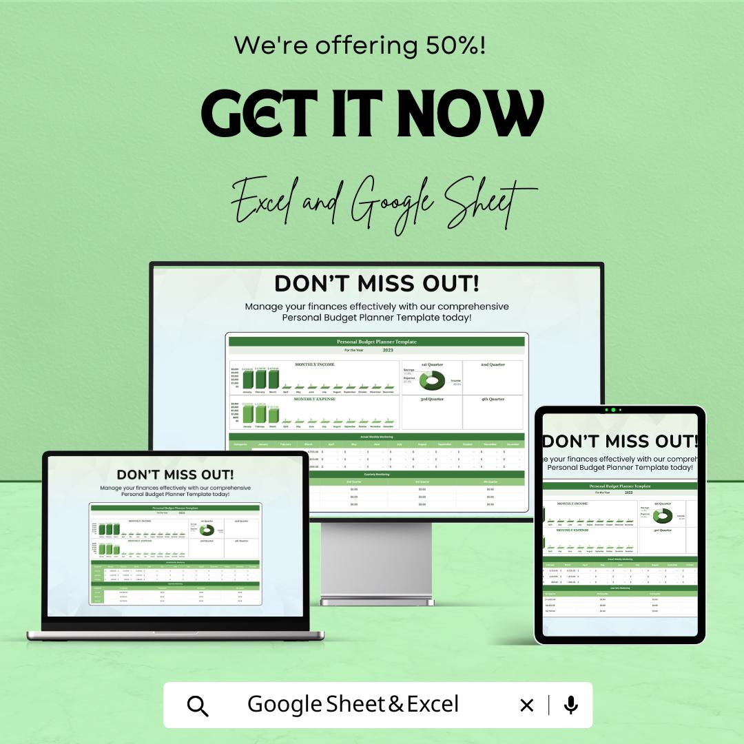 Personal Budget Planner Template | Monthly Expense Tracker | Google Sheets and Excel Finance Spreadsheet | Income & Savings Organizer