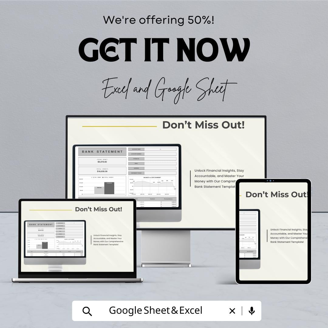Bank Statement Sheet Template | Excel and Google Sheets | Financial Tracker | Debit & Credit Record | Expense Income Log | Digital Download