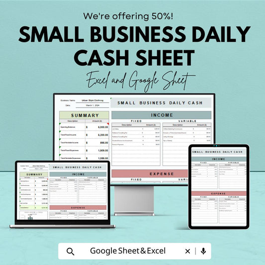 Small Business Daily Cash Sheet | Google Sheet and Excel Template | Income & Expense Tracker | Daily Cash Flow Tracker for Small Businesses
