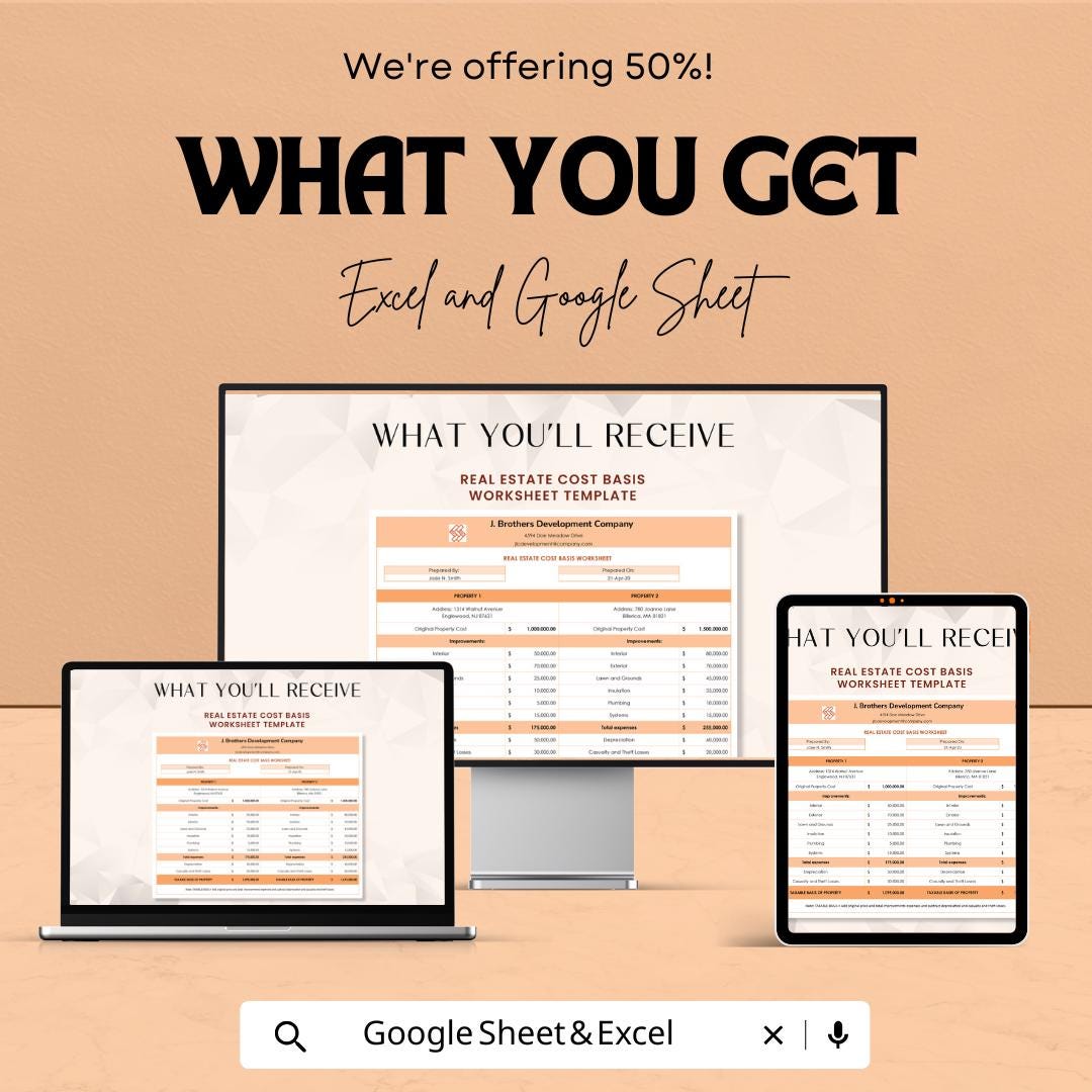 Real Estate Cost Basis Worksheet - Excel & Google Sheets Template for Tax and Financial Planning - Instant Download - 50% Off
