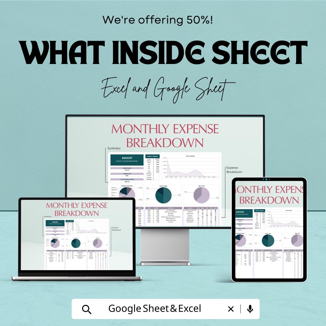Monthly Expense Breakdown Template, Personal Budget Tracker, Excel & Google Sheets Expense Dashboard, Monthly Finance Spreadsheet