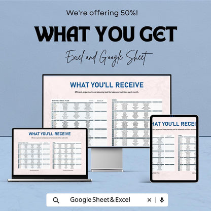 Monthly Meal Plan Template | Meal Planner Spreadsheet | Weekly Meal Prep Planner | Nutrition Planner Template