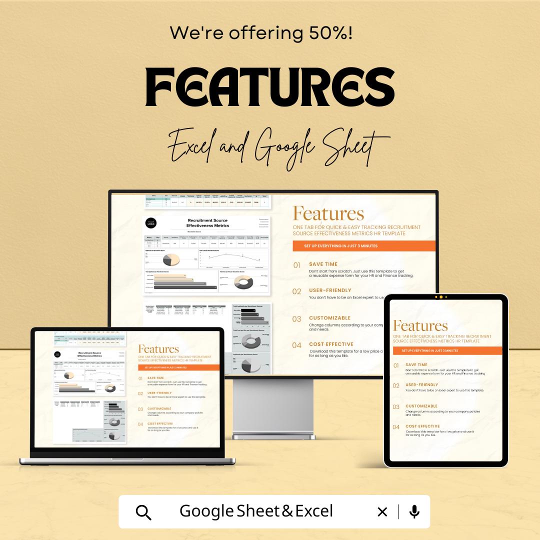 Recruitment Source Effectiveness Metrics HR Template | Hiring Source Analysis Tool | Recruitment KPI Dashboard | Excel & Google Sheets