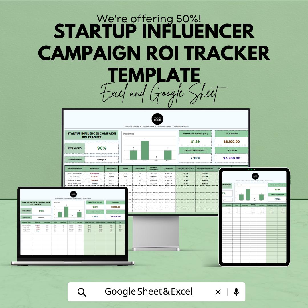 Startup Influencer Campaign ROI Tracker Template | Excel & Google Sheets | Influencer Marketing Analytics, Campaign Performance Tracker