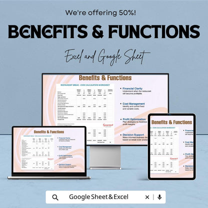Restaurant Break Even Calculator | Food Business Financial Planner | Profit Analysis Spreadsheet | Cost & Revenue Tracker