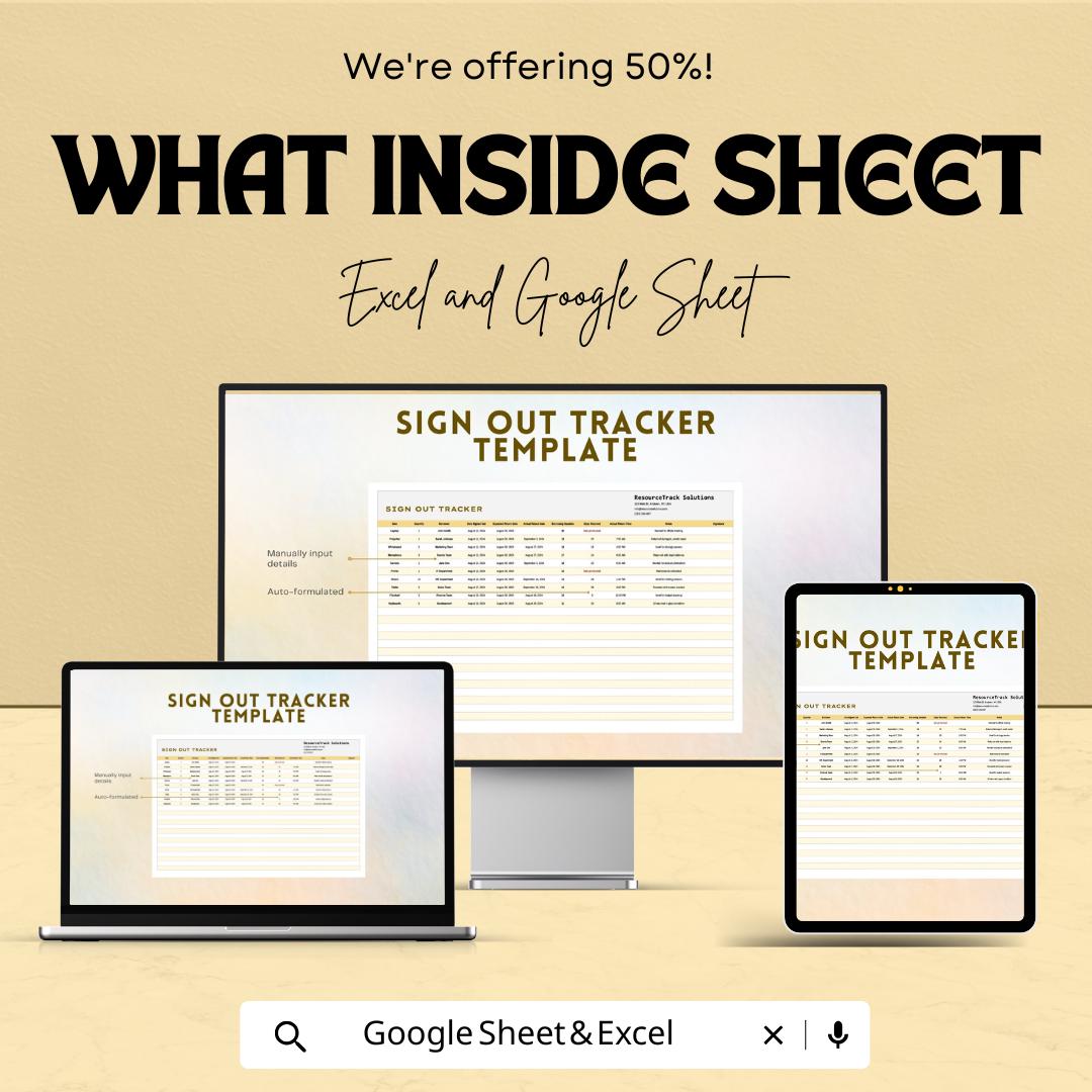 Sign Out Tracker Sheet | Asset & Equipment Log | Editable Google Sheets and Excel Template | Check-Out Register | Printable Sign-Out Form