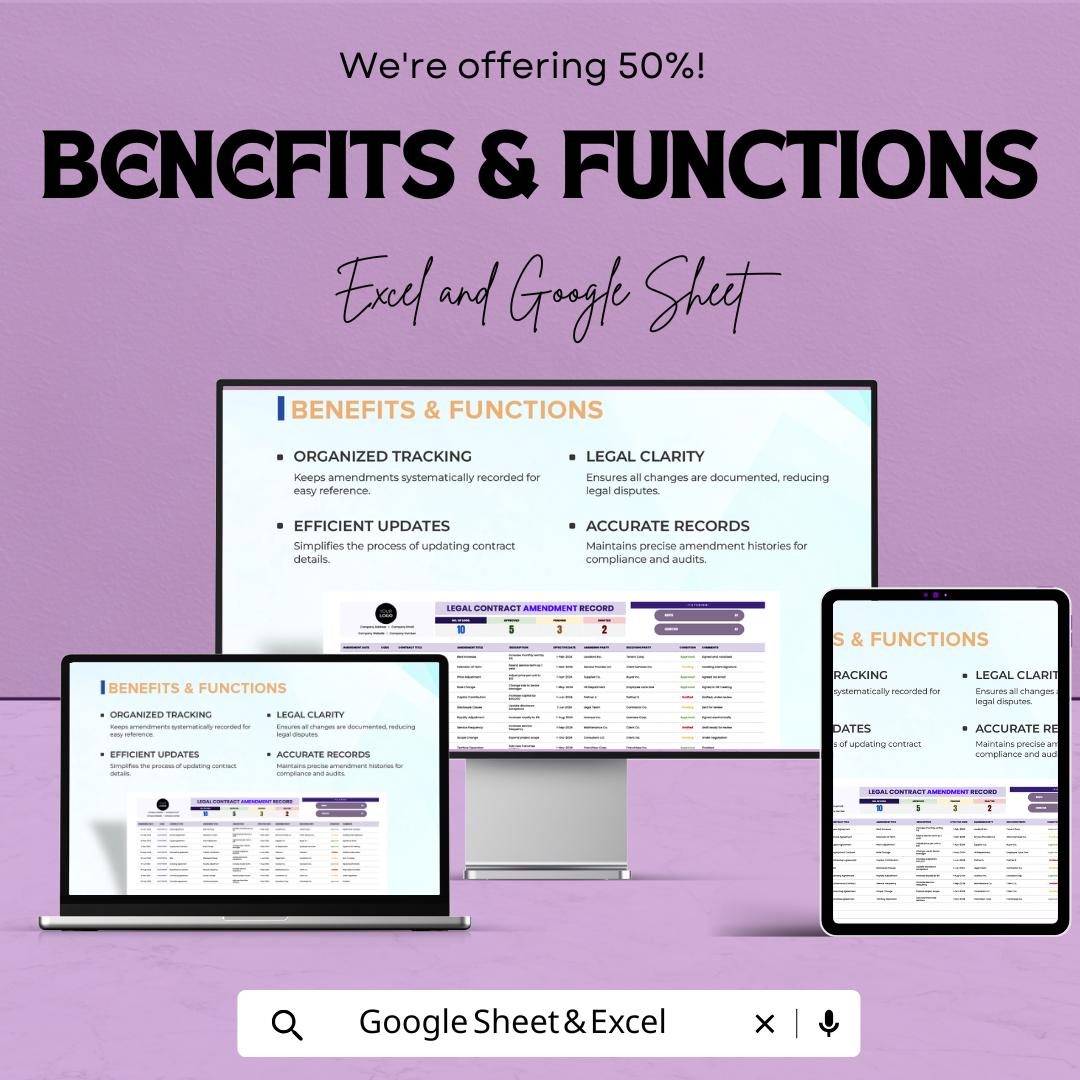 Legal Contract Amendment Record Template | Contract Change Log and Amendment Tracker | Excel & Google Sheets Spreadsheet