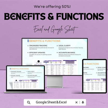 Legal Contract Amendment Record Template | Contract Change Log and Amendment Tracker | Excel & Google Sheets Spreadsheet