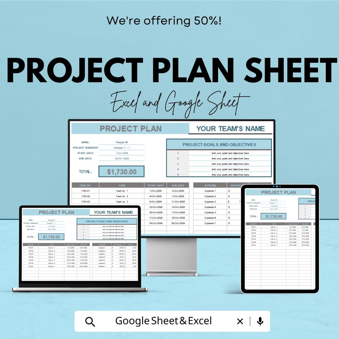 Project Plan Sheet for Team Management – Google Sheets Template – Task Management, Budget Tracking, Project Timeline – Digital Download