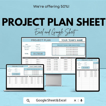 Project Plan Sheet for Team Management – Google Sheets Template – Task Management, Budget Tracking, Project Timeline – Digital Download