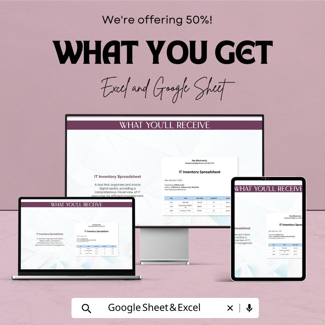 IT Inventory Spreadsheet Template |  IT Asset Tracker | Hardware & Software Inventory Log | IT Asset Management Sheet