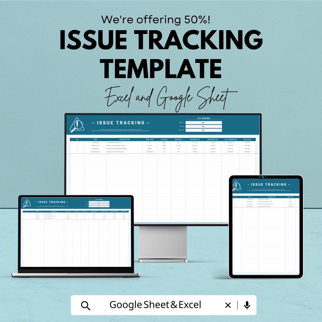 Issue Tracking Spreadsheet Template | Bug Tracker Log | Project Issue Tracker | Issue Management Template | Task and Problem Tracking Tool