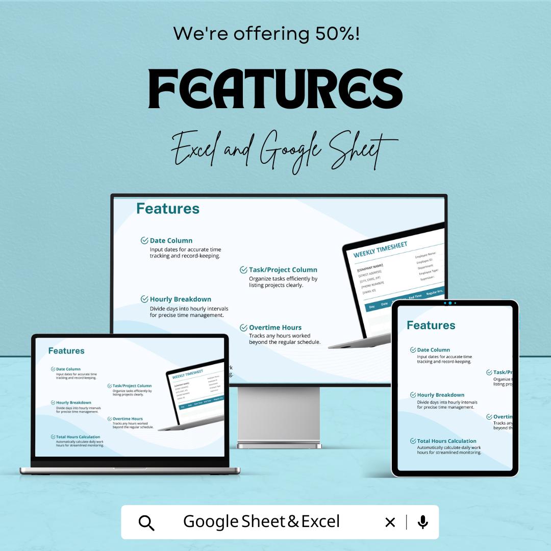 Weekly Timesheet Template | Employee Timesheet | Work Hours Tracker | Timesheet Excel & Google Sheets | Weekly Work Log | Payroll Timesheet