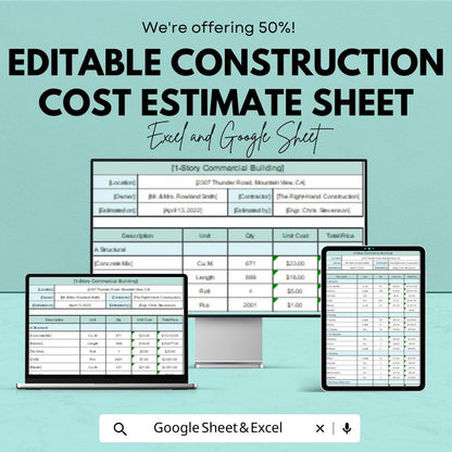 Editable Construction Cost Estimate Sheet - Excel & Google Sheets Template - Cost Calculation, Budget Planner, Construction Expense Tracker
