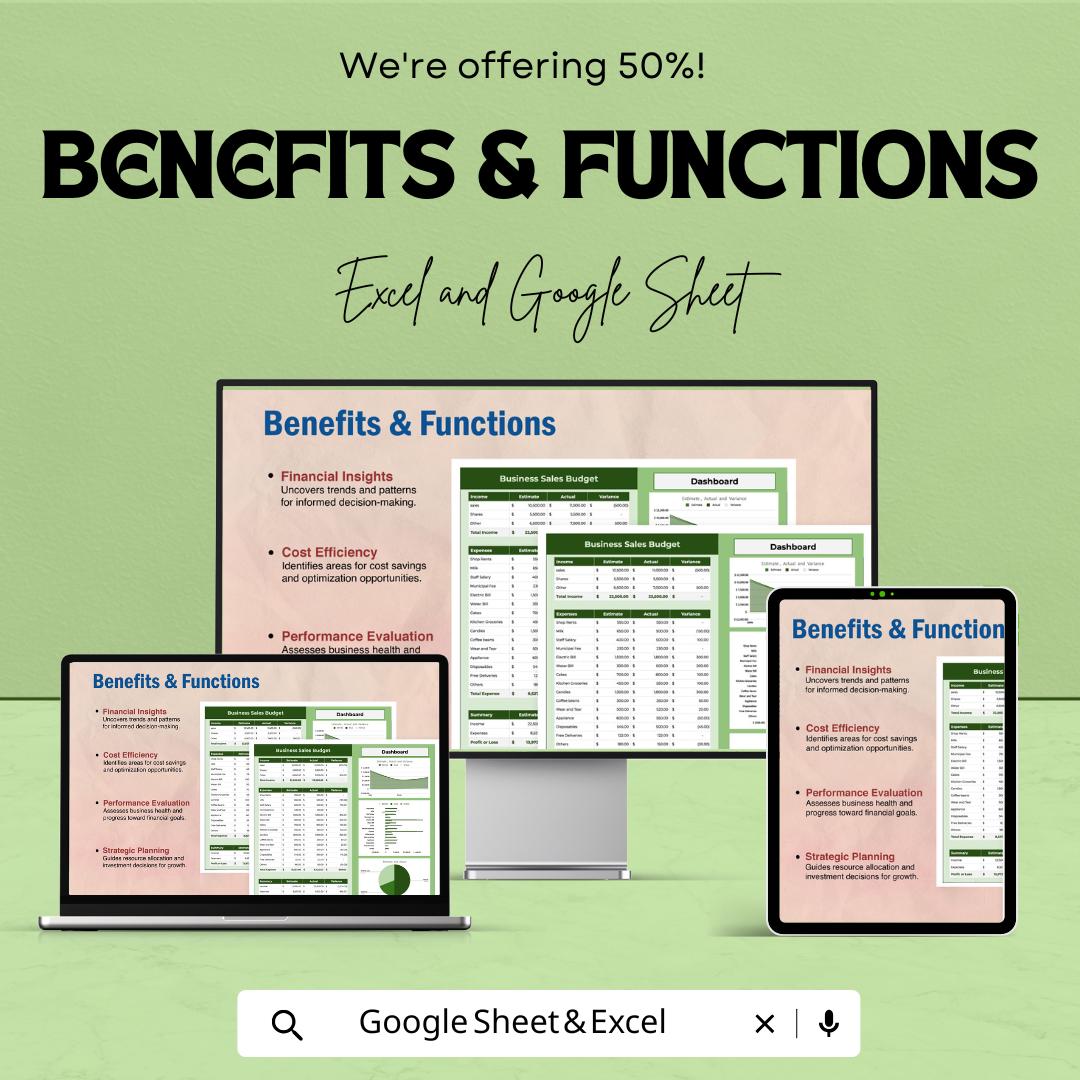 Business Sales Budget Template | Sales Budget Spreadsheet | Revenue and Expense Tracker | Business Dashboard | Excel & Google Sheets