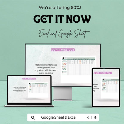 Maintenance Work Order Log | Excel & Google Sheets | Operations Tracker | Task Completion Sheet | Work Order Dashboard Template