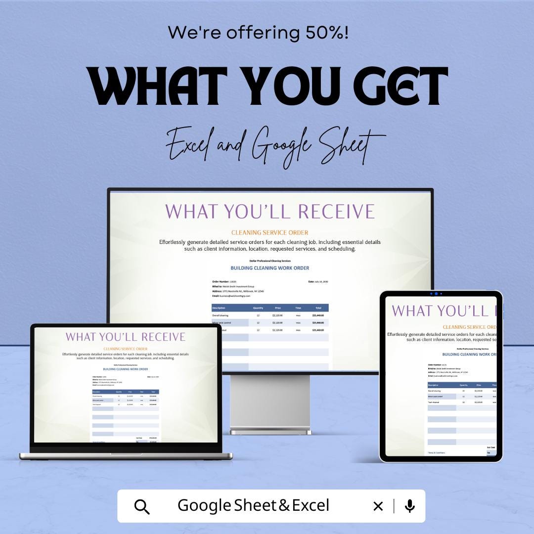 Professional Cleaning Service Order Sheet - Excel & Google Sheet - Easy Work Order Management for Cleaning Services