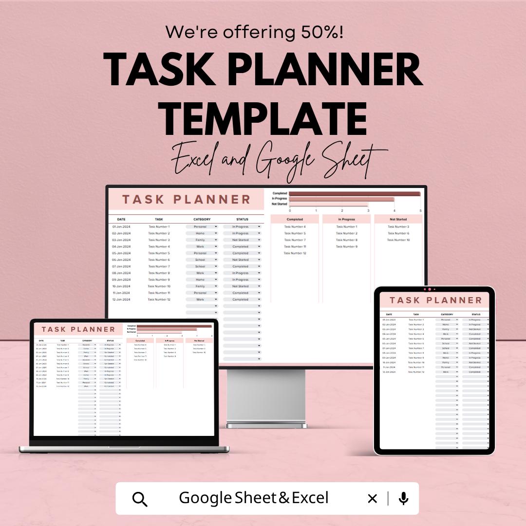 Task Planner Spreadsheet Template | To Do List Spreadsheet | Task Tracker Template | Productivity Planner | Daily Work Planner